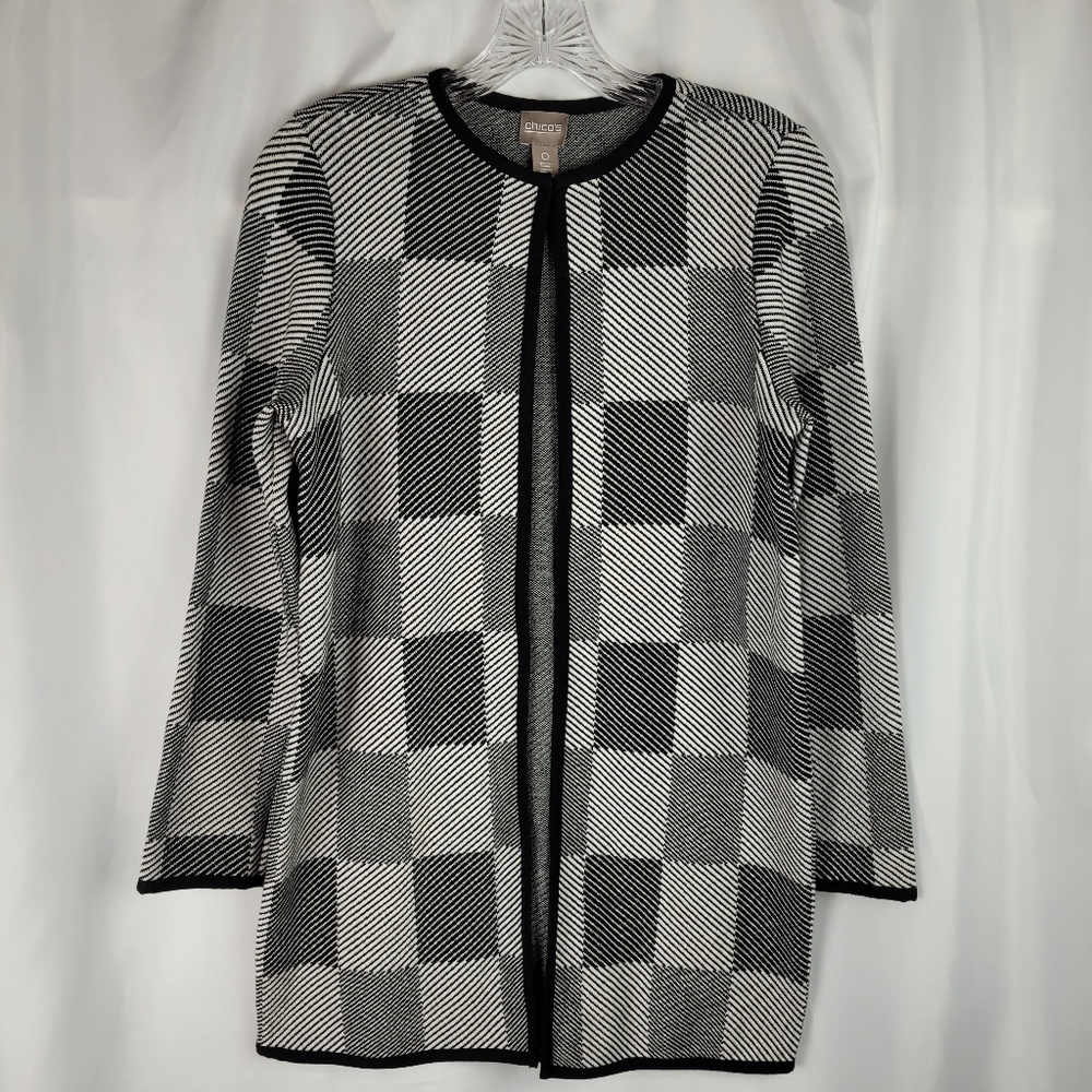 Chico's Gilaria Black White Check Plaid Long Open Front Cardigan Sweater Small